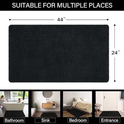 LOCHAS Luxury Bathroom Rug Shaggy Bath Mat 24 x 44 Inch, Washable Non Slip Bath Rugs for Bathroom Shower, Soft Plush Chenille Absorbent Carpets Mats, Black - color: Black, size: 2' X 3'8" (24''x44'')