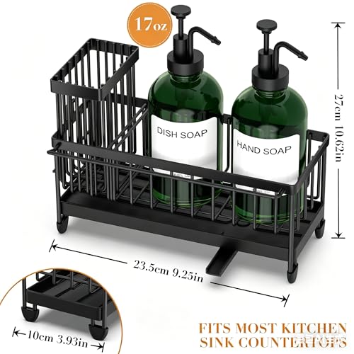 Kitchen Soap Dispenser Set with Sponge Holder and Towel Rack, 17OZ Glass Bottle, Hand and Dish Soap Dispenser Set, Non-Slip Silicone Pad, Brush Holder, Kitchen Sink Caddy Organizer Countertop (Green) - color: Green
