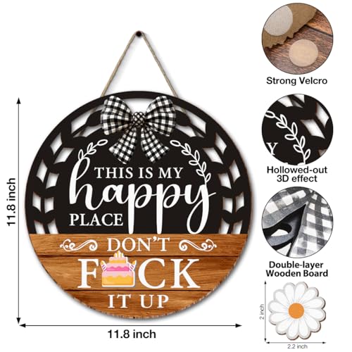 Interchangeable Seasonal Happy Place Hanging Sign - Farmhouse Backyard Door Decoration for Spring All Seasons Holidays - Rustic Round Wood Wreaths with 12 Icons(Orange) - color: HAPPYorange