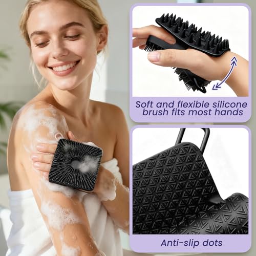 Manmihealth Dual-Sided Silicone Body Scrubber Scalp Massager 4 PCS, 2-in-1 Silicone Shower Shampoo Brush for Men and Women, Exfoliating Silicone Loofah with Soap Bag, Lather Well (Black+Pink) - color: Shower Brush (Black+pink)