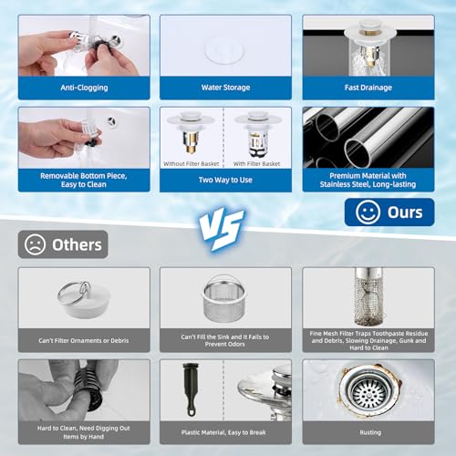 Hibbent Upgraded 3 in 1 Bathroom Sink Drain Strainer, Universal Pop Up Stopper with Removable Stainless Steel Filter Basket Hair Catcher, Sink Plug for 1.1''~2.36'' Basin, Brass Bullet Core, White - color: White