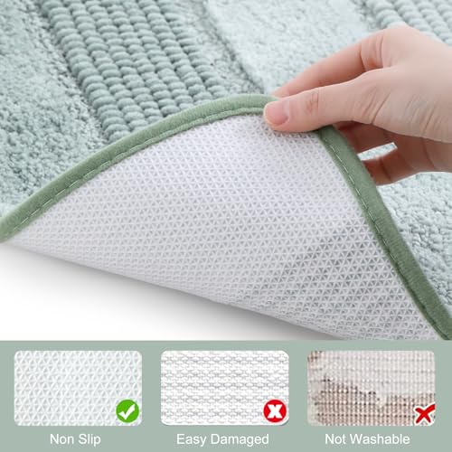 Kmson 3 Pcs Ombre Chenille Bathroom Rugs Set, Non-Slip Ultra Soft Washable Shaggy Bath Rugs for Bathtub, Thick Water Absorbent Microfiber Shower Mat Green - color: Light Green Rug, size: 17" x 24" + 20" x 32" + U Shape 24" x 20"