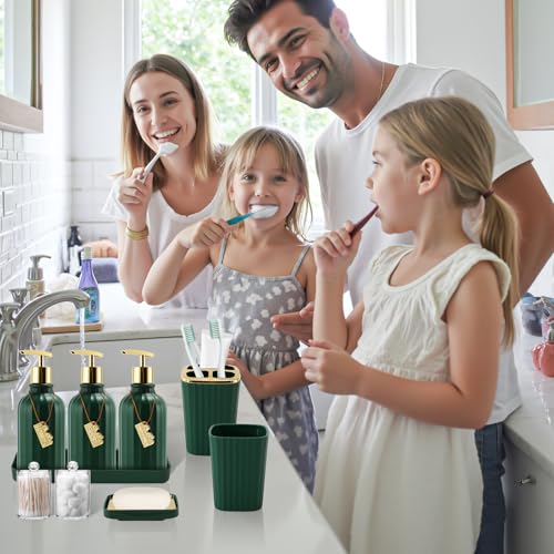 32PCS Bathroom Sets with Shower Curtain and Rugs-Dark Green Bathroom Accessories,Non Slip Bathroom Rugs Set with Toilet Lid Cover, Waterproof Shower Curtain, 3PC Soap Dispenser with Trash Can - size: Bath Set + Oil Painting Shower Curtain + Bath Rugs, sty