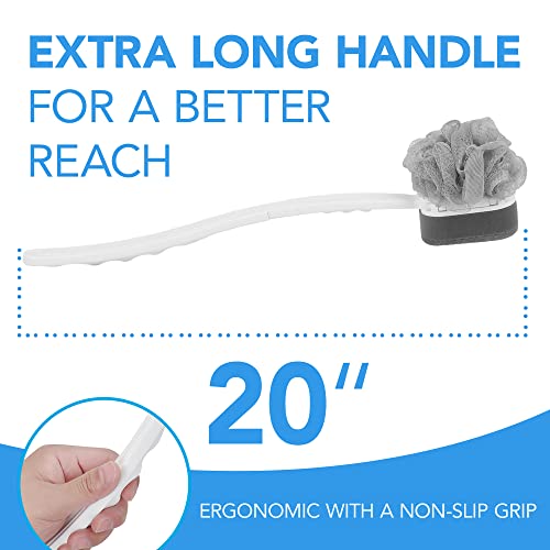 Impresa Extra Long Handle Shower Brush - Dual-Action Loofah & Exfoliating Sponge Body Scrubber - Ergonomic Grip Back Scrub Brush - Replacement Loofah & Sponge Heads - Pack of 2, White