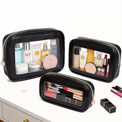 3-Piece Travel Clear Makeup Bag Set, Small Large Clear Cosemetic Bag with Makeup Brush Bag Waterproof Makeup Pouch with Zipper Toiletry Bags For Traveling Car Accessories for Women (Black Set) - color: Black Set