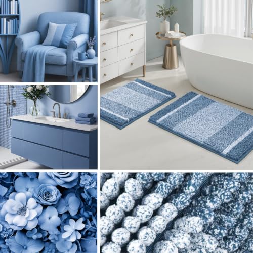 HOMEIDEAS Blue Bathroom Rugs Set, 2 Piece Thick Absorbent Fluffy Striped Chenille Bath Rugs, Non Slip, Soft Shaggy Bath Mats for Blue Bathroom Decor, 20" x 32" Plus 17" x 24" - color: Blue