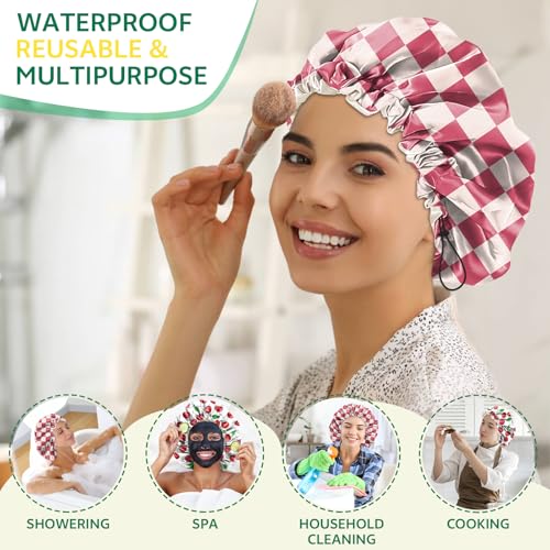 2 PCS Shower Cap Waterproof Double Layer Elastic Adjustable Reusable Hair Bath Caps for Girls Women Cute Aesthetic-Pink White - color: G19-Pink White