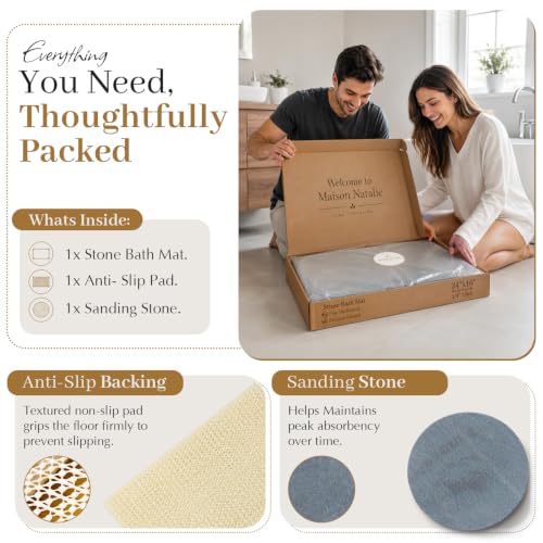 Super Absorbent Stone Bath Mat 24x16, Diatomaceous Earth Bath Mat with Non Slip Grip, Water Absorbing Stone Surface for Shower, Tub, Sink & Vanity, Gray