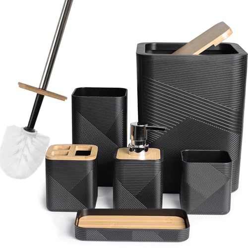CERBIOR Bathroom Accessories Set 6 Piece Bamboo Bath Ensemble Includes Soap Dispenser, Toothbrush Holder, Toothbrush Cup, Soap Dish for Decorative Countertop and Housewarming Gift (Black) - size: Complete Set, style: Black