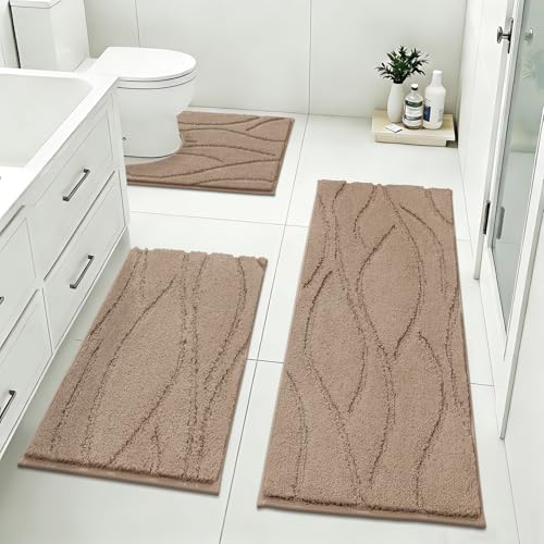 Bsmathom Bathroom Rugs Sets 3 Piece, Soft Non Slip Microfiber Bath Mat and U-Shaped Contour Toilet Rug, Machine Washable Absorbent Shaggy Bathroom Set, Brown - color: Brown
