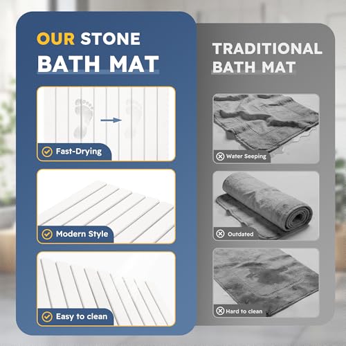 Large Foldable Stone Bath Mat,Diatomaceous Earth with Non-Slip and Super Absorbent, Dry Mat with Quick Dry for Bathroom,Easy to Clean（23.6" Lx15.35 W,White） - color: White