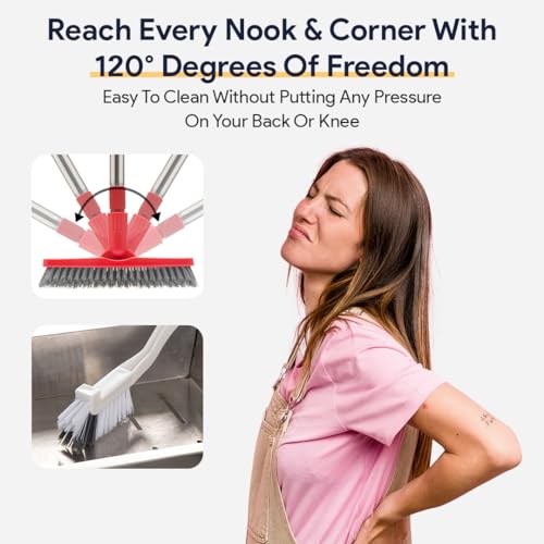 Foxtrot Living Grout Brush with Long Handle & Handheld Stiff Bristle Scrubber, V-Shaped Cleaner with Telescopic Handle for Easy Cleaning & Storage - Tile Floor Cleaning Brush - color: Red