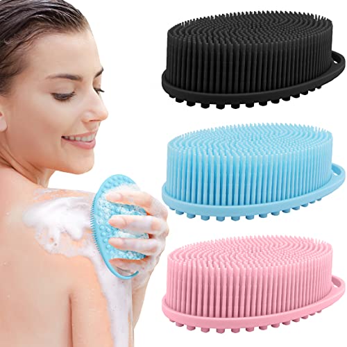 PQRUU 3 Pack Silicone Body Scrubber, Exfoliating Soft Loofah Bath Body Scrubbers for Use in Shower, Exfoliating Body Scrubber Fit for All Kinds of Skin, Rapid Foaming Black+Blue+Pink - color: Black,blue,pink