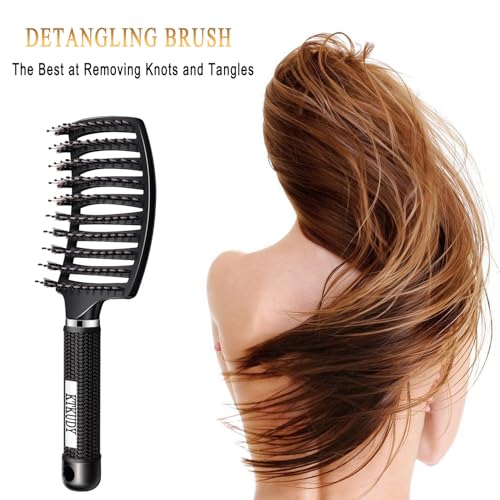 KTKUDY Detangling Brush Boar Bristles Hairbrush Make Hair Shiny & Healthier Curved and Vented Detangler Brush for Women Men Kids Wet & Dry Hair (Black) - color: Black