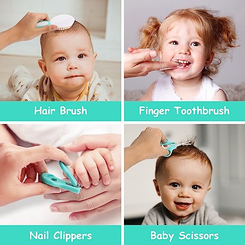Baby Healthcare and Grooming Kit, 28 in 1 Portable Baby Essentials Kit Electric Nail Trimmer Set with Gas Relief Hair Brush Comb Nasal Aspirator for Newborn Boys Girls (Green) - style: 28 Kits-Green