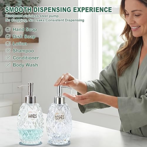 MALACHI Glass Soap Dispenser, 304 Rustproof Stainless Steel Pump, Refillable Multi‑use for Hand Soap, Dish Soap, Body Wash, Shampoo, Baby Wash for Bathroom Kitchen & Commercial - color: Light Clear