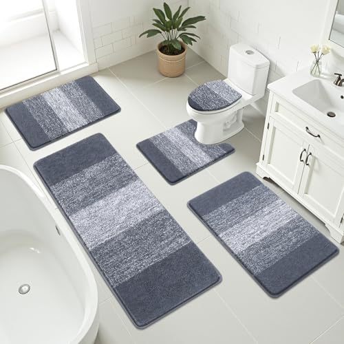 Bsmathom Bathroom Rugs Sets 5 Piece, Soft Absorbent Microfiber Bath Rugs with U-Shaped Contour Toilet Rug and Toilet Lid Cover, Thick Non-Slip Plush Shaggy Bath Mat Set,Dark Grey - color: Dark Grey, size: 18"x26"+20"x31"+20"x48"+U20"x24"+Cover19"x21"