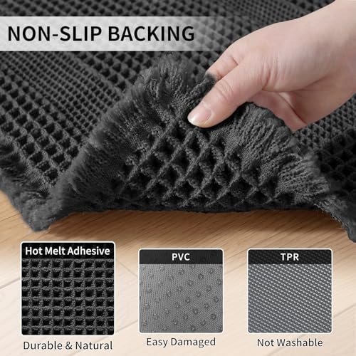 Waffle Bath Mat - Super Water Absorbing Bath Mat Quick Dry, Bathroom Rugs Non Slip Washable with Tassels, Rubber Backed Bathroom Mat for Bathroom Floor, Tub and Shower, 24" x 72", Black - color: Black, size: 24" x 72"