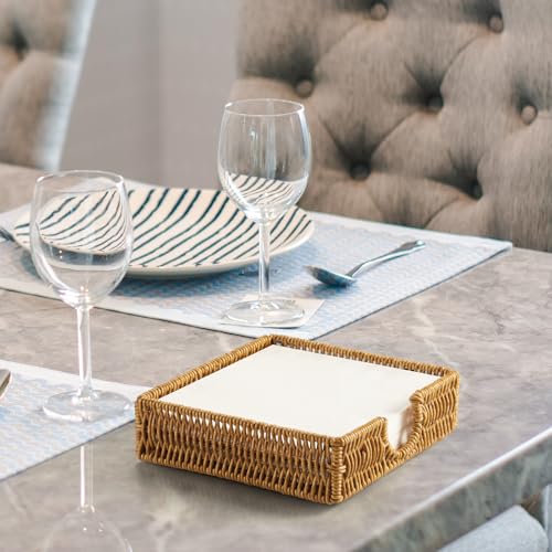 Napkin Holder for Table, Woven Wicker Synthetic Rattan Napkin Holders For Paper Napkins, Napkin Holders for Kitchen Dinner Table Boho Decor and Accessories, Square Napkin Basket and Serving Tray - color: Khaki, size: 7.2"L x 7.2"W x 2.2"H