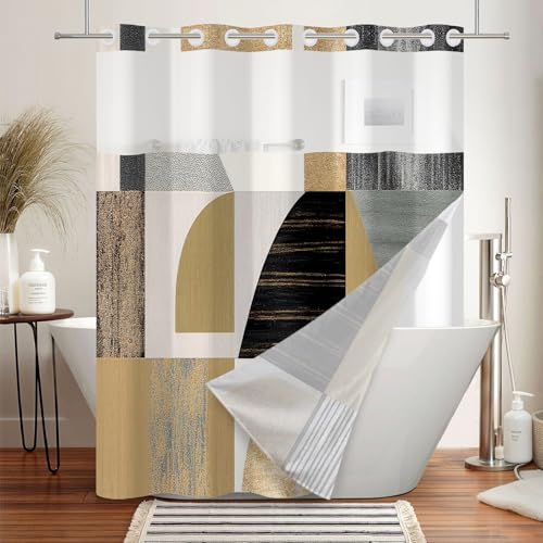 No Hook Geometric Shower Curtain and Liner Set 71 x 74 Inch | Brown Abstract of Shapes Pattern, Waterproof Bath Curtain for Mid-Century Bathroom, Hotel Decor, Breathable Mesh Top - color: Brown and Black