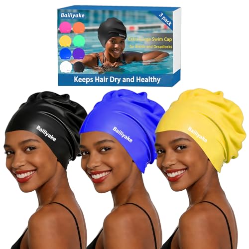 3 Pack Extra Large Swim Cap for Braids & Dreadlocks - Waterproof Silicone Swim Hat for Women with Long Thick Hair, Protective Swim Cap Cover Ears for Swimming, Shower, Bathing - color: Black+Bule+Yellow
