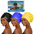 3 Pack Extra Large Swim Cap for Braids & Dreadlocks - Waterproof Silicone Swim Hat for Women with Long Thick Hair, Protective Swim Cap Cover Ears for Swimming, Shower, Bathing - color: Black+Bule+Yellow