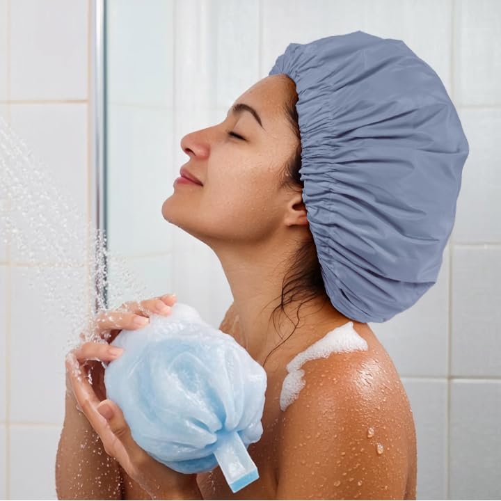 Edoneery Reusable Shower Caps for Women, Waterproof Long Hair Bonnet | Washable Design, Wide Elastic Band, Large Fit, Holds Long Hair, Braids Friendly, Bath Accessories, Spa, Travel - color: Gray