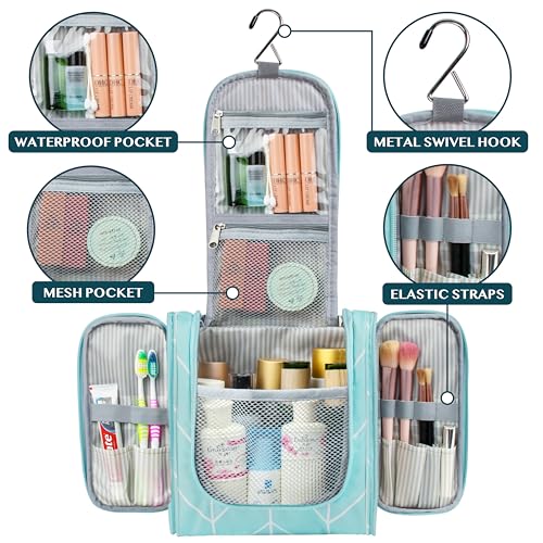 PAVILIA Toiletry Bag Travel Bag for Women Men, Hanging Cosmetic Organizer, Water Resistant Makeup Bag for Accessories Toiletries, Large Travel Essentials Kit (Teal Chevron) - color: Teal Chevron, size: Standard (9x4x9)