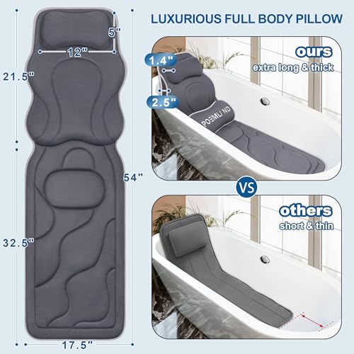 Poemland Full Body Bath Pillow for Tub - Extra Long & Thick Tub Pillow with Head, Back & Lumbar Support, 168 Non-Slip Suction Cups, Soft 5D Mesh Spa Cushion, Fits All Tubs-Gift for Soaking(Gray) - color: Gray