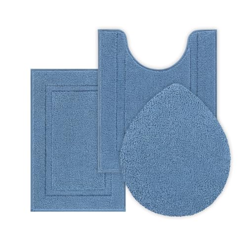 SHACOS Microfiber Small Bathroom Rugs Set of 3 Piece with Toilet Lid Cover | Non Slip Super Soft Absorbent 16"x24" Bath Mat U Shape Contour Mat Bathroom Carpet Machine Washable(Blue) - color: Blue, size: 16"x24"+U-Shape 20"x24"+Lid Cover 19"x21"