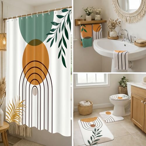 Haull 7 Pcs Boho Abstract Shower Curtain Set with Non-Slip Rugs Toilet Lid Cover Bath Mat Towels, Mid Century Modern Geometric Leaf Minimalist Bathroom Decor for Home Bathroom Set with 12 Hooks - style: Boho