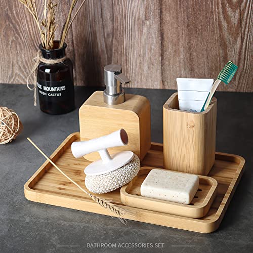 4Pcs Handmade Bamboo Sink & Bathroom Accessories Set Retro Set, Natural, Soap Dish Holder for Shower, Lotion Soap Dispenser, Mouthwash Cup, Rinse Cup, Organiser Tray for Hotel, House, Office
