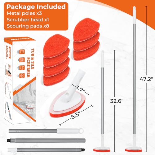 Bathtub Scrubber with Long Handle - Shower Scrub Brush with 8 Replacement Scouring Pads, Bathroom Cleaning Brush for Tub, Tile, Floor - size: Shower Scrubber