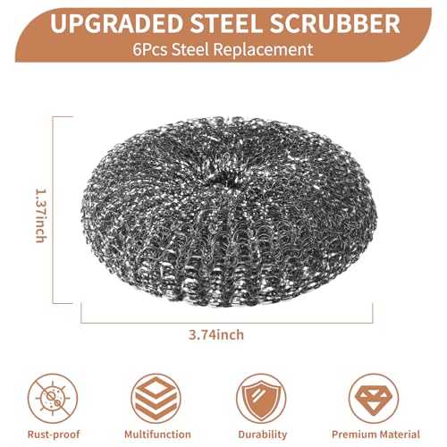6PCS Steel Wool Scrubber Wire Sponge Set, Barbecue Grill Cleaning Scrubber Pads, Stainless Steel Scrubber Replacement for Scouring Messes from Cast Iron, Pots, Pans, Grill, Stoves, Sink (6 Pads) - size: 6 Pads