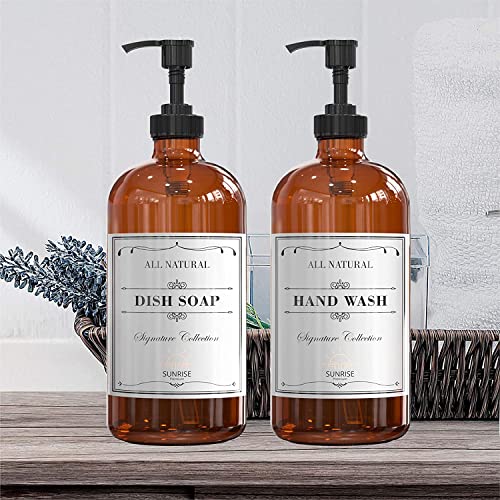 Sunrise Premium, 16 OZ Thick Amber Glass Soap Dispenser with Pump 2 Pack, Hand and Dish Soap Dispenser Set for Bathroom with 6 Waterproof Labels - color: Black Plastic Pump - Amber Glass
