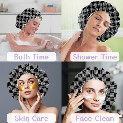 Luxury Shower Cap Silk Satin Lined Waterproof Reusable Adjustable Elastic Dry Hair Bathing Caps Cute for Women Girls-Black Grey Checkered - color: C-17-Black Grey Checkered