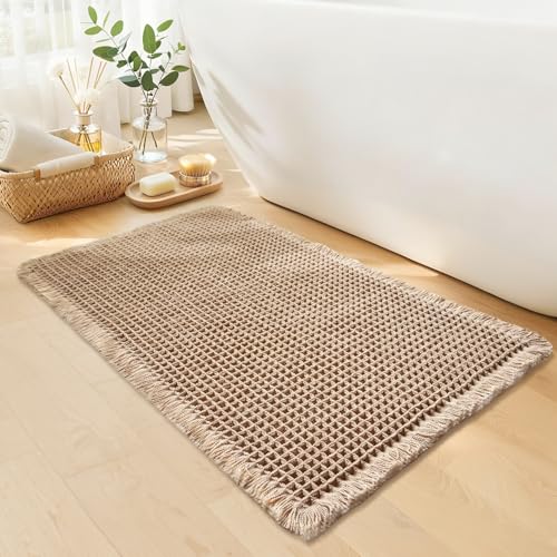 Waffle Bath Mat - Boho Bathroom Rugs Non Slip Washable, Super Absorbent & Quick Dry, Small Bath Mats Farmhouse Bathroom Decor, 18'' x 30'', Khaki - color: Khaki, size: 18'' X 30''
