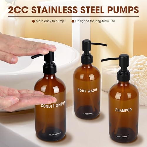 Amber Glass Shampoo and Conditioner Dispenser Set – 16.9oz Refillable Bottles with Stainless Steel Pump, Non-Slip Mat & Waterproof Labels –Shampoo Conditioner Body Wash Dispenser for shower - color: Amber
