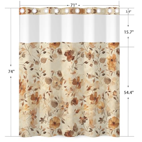 No Hook Floral Shower Curtain and Liner Set 71 x 74 Inch | Fall Watercolor Brown Flower, Waterproof Fabric Bath Tub Curtain for Modern Bathroom Decor, Breathable Mesh Top - color: Brown