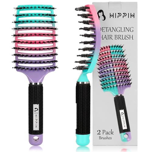 Boar Bristle Hair Brush Set of 2, HIPPIH Wet & Dry Hair Brushes Made by Fine Natural Boar Hair Can Adds Shine and Smoothing, Detangling Hairbrush for Women, Men & Kids' Long Curly Thick Hair - color: Mint Purple & Green