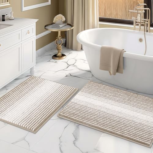 Bathroom Rugs and Mats Sets, 2 Piece Thick Absorbent Chenille Bath Mat Rug Set Non Slip, Soft Shaggy Bath Room Floor Mats for Bathroom, Machine Washable (Light Taupe, 20" x 32" Plus 16" x 24") - color: Light Taupe, size: 20" x 32" Plus 16" x 24"