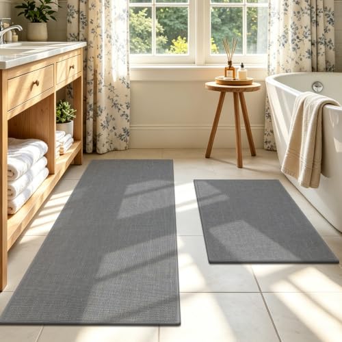 SHACOS Bath Mat Set of 2, Ultra Thin Washable Bathroom Rugs, No Slip Rubber Bath Rugs for Bathroom, Quick Dry Absorbent Bathroom Mat for Shower Outside Floor Toilet Sink (17"x24"+17"x47") - color: Grey, size: 17"x24"+17"x47"