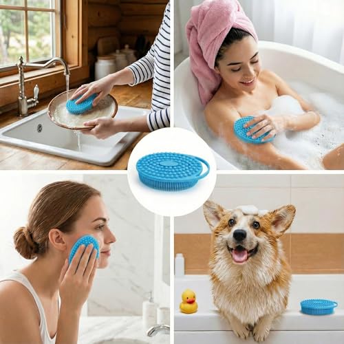 Silicone Body Scrubber Exfoliating 3 Pack, Shower Scrubber for Body,Loofah Alternative for Women Men, 2 in 1 Bath and Shampoo Brush with Handle,Body Exfoliator Tool for Skin, Back-Purple, Blue, Green - size: 3Pack-Purple Blue Green