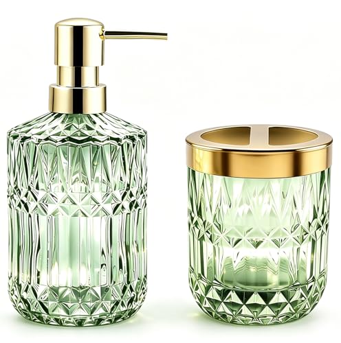 2Pcs Green Bathroom Accessories Set, Glass Bathroom Accessories, Vintage Bathroom Countertop Decoration Includes Soap Dispenser, Toothbrush Holder - color: Green, size: 2 Pcs