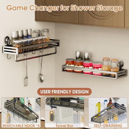 Suction Cup Shower Caddy, 11.8 inch Extended Version, with 5 Hooks & Towel Rrack, No Drilling Required, Rust-Resistant Bathroom Shower Organizer,Dark Grey - size: 11.8 inches