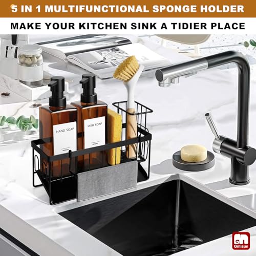 GMISUN Dish Soap Dispenser, 12 Fl oz / 350 ml Dual Soap Dispenser with Sponge Holder, Customized Amber Glass Kitchen Soap Dispensers Set, Modern Hand and Dish Soap Dispensers Set Removable - color: Amber Bottle + Black Rack