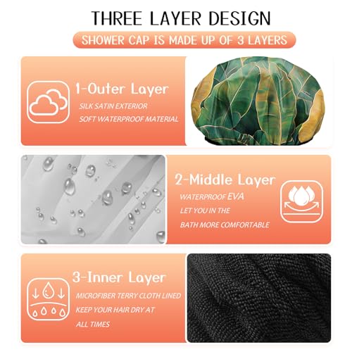 Luxury Shower Cap Terry Lined Reusable Triple Layer Waterproof Hair Elastic Caps Shower Bath Hat for Women Girls Cute Aesthetic-Leaf - color: AL17-Leaf