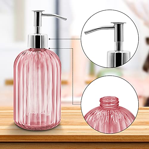 2 Pack Pink Glass Soap Dispenser Bottle with Pump, 14 Oz Refillable Liquid Hand Jar Dispenser for Bathroom, Countertop, Kitchen, Laundry Room - color: Pink