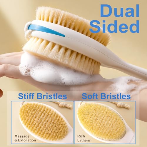 Extendable Back Scrubber –Non-Slip Dual-Sided, Deep Exfoliation | Two-hand pull -17.5"-31.5". Dual-sided stiff & soft bristles. Non-slip grip, quick-dry, rust-proof, rich lather.