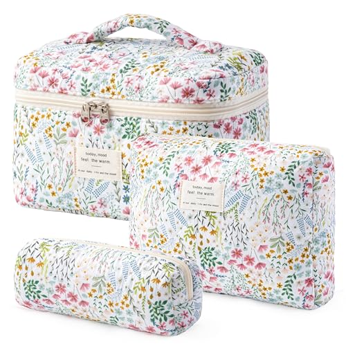 HBselect Quilted Makeup Bag, 3PCS Cotton Large Travel Makeup Bag, Cute Floral Coquette Make up Bag Cosmetic Bag Toiletry Bag for Women Girls - color: A-3PCS-Floral 41